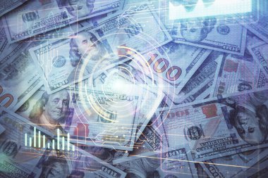 İki kez veri temasına maruz kalınca dolar banknotları arka planda kalıyor. Teknoloji konsepti.