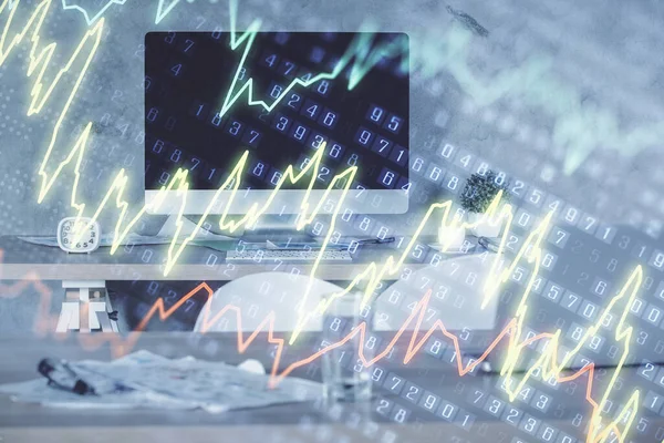 Multi exposure of financial graph drawing and office interior background. Concept of market analysis.