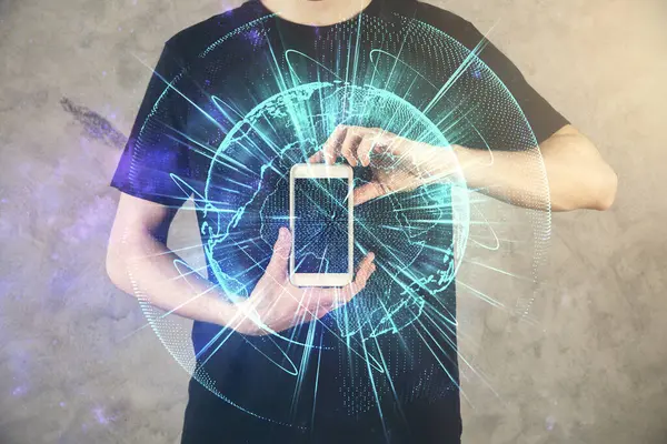 Adamın elini tutarken ve telefon kullanırken ve uluslararası iş teması çizerken çift pozlama.