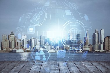 Sosyal ağ tema çizimi ve şehir manzarası arka planına çift pozlama. Bağlantı insanları kavramı.