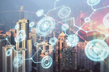 Sosyal ağ tema çizimi ve şehir manzarası arka planına çift pozlama. Bağlantı insanları kavramı.