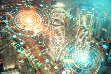 Veri temalı hologram gökdelenler arka planda çoklu pozlama ile şehir görünümüne çizim yapıyor. Ai kavramı.