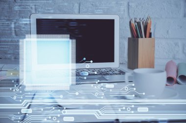 Arka planda kişisel bilgisayarı ve teknik tema çizimi olan iki kat masaüstü görüntüsü. Büyük Veri Kavramı.