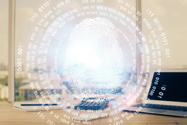 Ofisteki bilgisayarın parmak izi çizimi. Çifte maruziyet. İş veri güvenliği kavramı.