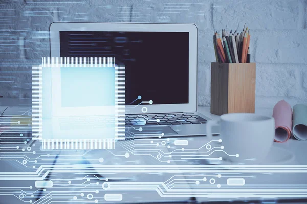 Arka planda kişisel bilgisayarı ve teknik tema çizimi olan iki kat masaüstü görüntüsü. Büyük Veri Kavramı.