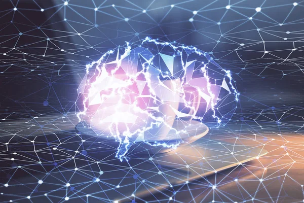 Bilgisayar ve insan beyninin hologram çizdiği çalışma alanının iki katına çıkarılması. Beyin fırtınası konsepti.