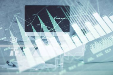 Finansal grafik çizimi ve ofis içi arka planının çoklu pozu. Pazar analizi kavramı.