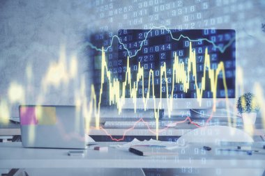 Finansal grafik çizimi ve ofis içi arka planının çoklu pozu. Pazar analizi kavramı.