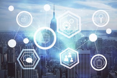 Sosyal ağ tema çizimi ve şehir manzarası arka planına çift pozlama. Bağlantı insanları kavramı.