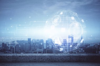 Sosyal ağ tema çizimi ve şehir manzarası arka planına çift pozlama. Bağlantı insanları kavramı.