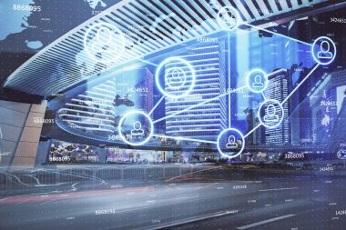 Sosyal ağ tema çizimi ve şehir manzarası arka planının çoklu pozlandırılması. Bağlantı insanları kavramı.