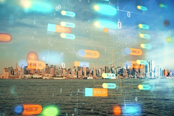 Veri temalı hologram gökdelenlerin arka planında çift pozlama ile şehir görünümüne çizim yapıyor. Teknoloji konsepti.