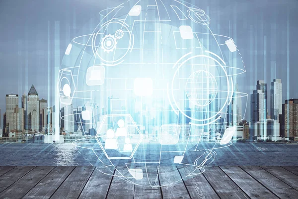 Sosyal ağ tema çizimi ve şehir manzarası arka planına çift pozlama. Bağlantı insanları kavramı.