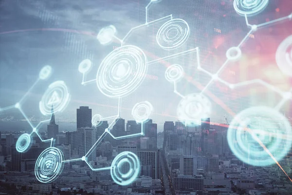 Sosyal ağ tema çizimi ve şehir manzarası arka planına çift pozlama. Bağlantı insanları kavramı.