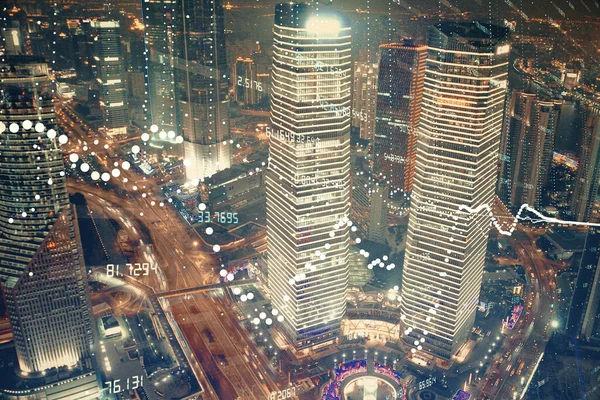 Tema Datos Holograma Dibujo Vista Ciudad Con Rascacielos Fondo Multi — Foto de Stock