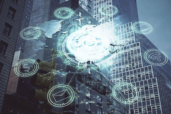 Sosyal ağ tema çizimi ve şehir manzarası arka planına çift pozlama. Bağlantı insanları kavramı.