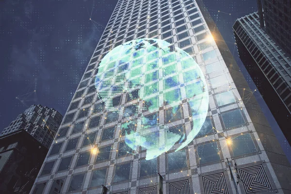 Sosyal ağ tema çizimi ve şehir manzarası arka planına çift pozlama. Bağlantı insanları kavramı.