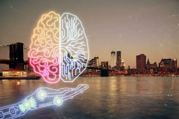 Brain Hologram Drawing City Scape Background Double Exposure Koncept Brainstorming — Stock fotografie