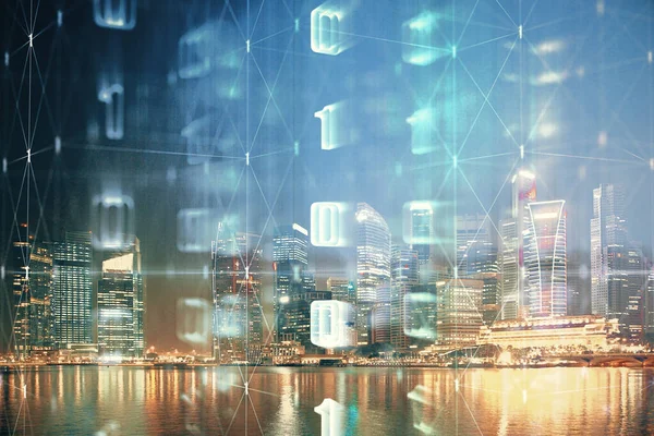 Veri temalı hologram gökdelenler arka planda çoklu pozlama ile şehir görünümüne çizim yapıyor. Ai kavramı.
