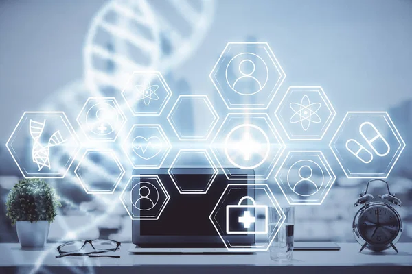 Desktop Computer Hintergrund Und Dna Zeichnung Doppelbelichtung Wissenschaftskonzept — Stockfoto