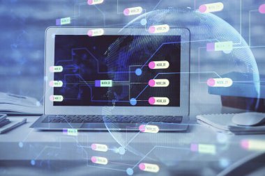 Bilgisayar ve teknoloji temalı çizimlere çifte maruz kalma. Yenilik kavramı.