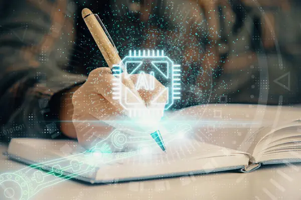 データ技術のホログラムを背景に 女性の手書きの手のマルチ露出 イノベーションの概念 — ストック写真