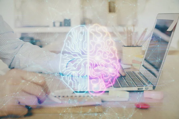 Mann Tippt Auf Tastatur Hintergrund Mit Gehirn Hologramm Konzept Von — Stockfoto