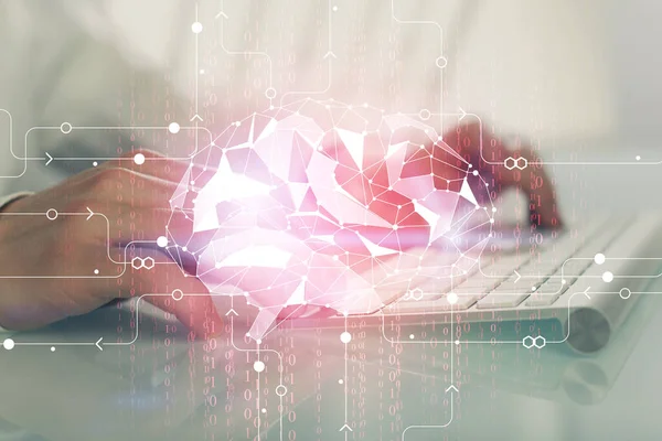 Homem Com Experiência Informática Com Holograma Tema Cerebral Conceito Brainstorm — Fotografia de Stock