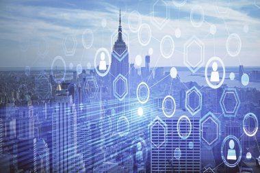 Sosyal ağ tema çizimi ve şehir manzarası arka planına çift pozlama. Bağlantı insanları kavramı.