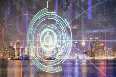 Veri temalı hologram gökdelenler arka planda çoklu pozlama ile şehir görünümüne çizim yapıyor. Ai kavramı.