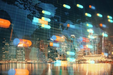 Veri temalı hologram gökdelenler arka planda çoklu pozlama ile şehir görünümüne çizim yapıyor. Ai kavramı.