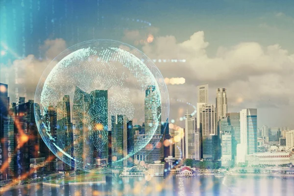 Şehir görünümünde harita ve veri temalı hologram ile gökdelenler arka planda çift pozlama. İş kavramında uluslararası teknoloji.