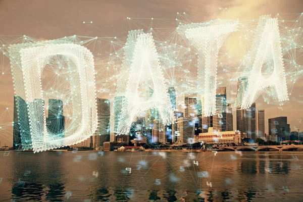Data Theme Hologram Drawing City View Skyscrapers Background Multi Exposure — Stock Photo, Image