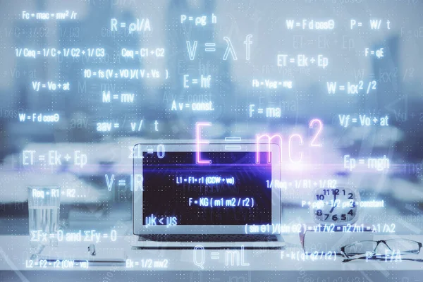 Desktop Computer Achtergrond Formule Hologram Schrijven Dubbele Belichting Onderwijsconcept — Stockfoto