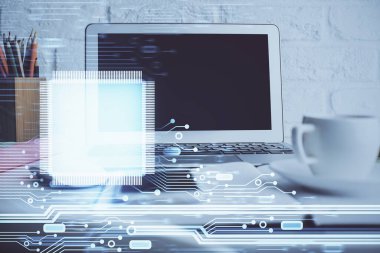 Arka planda kişisel bilgisayarı ve teknik tema çizimi olan iki kat masaüstü görüntüsü. Büyük Veri Kavramı.