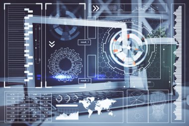 Kişisel bilgisayar ve teknik tema çizimi ile masaüstü çok açıkta. Büyük Veri Kavramı.