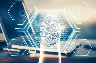 Ofisteki bilgisayarın parmak izi çizimi. Çifte maruziyet. İş veri güvenliği kavramı.