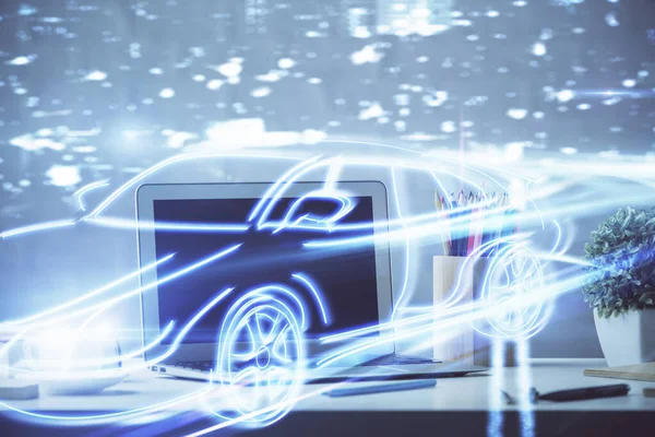 Otomobil hologramı çizimi olan masaüstü bilgisayar arkaplanı. Çoklu maruz kalma. Teknoloji kavramı.