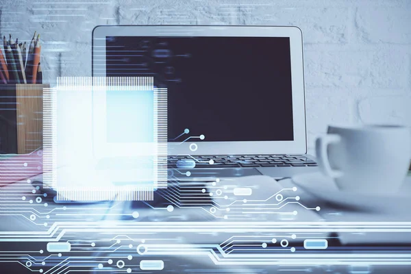 Arka planda kişisel bilgisayarı ve teknik tema çizimi olan iki kat masaüstü görüntüsü. Büyük Veri Kavramı.