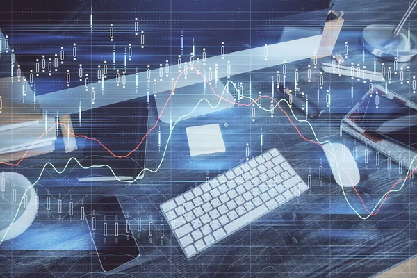 Multi Exposure Chart Financial Info Work Space Computer Background Concept — Stock Photo, Image