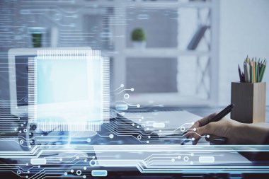 Teknoloji kodlama hologramıyla kadın elinin arka planda çoklu pozlanması. Veri kavramı.