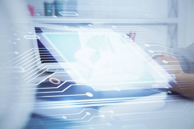 Teknoloji kodlama hologramıyla kadın elinin arka planda çoklu pozlanması. Veri kavramı.