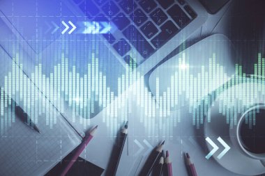 Bilgisayarla arka plan üzerine iki kat mali şema çizimi. Araştırma ve analiz kavramı. Üst görünüm.