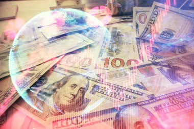 İşletme temasının çoklu pozu bize dolar banknotları üzerinden geçiyor. Finansal başarı kavramı.