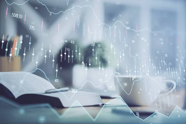 Multi Exponering Forex Diagram Ritning Och Skrivbord Med Kaffe Och — Stockfoto