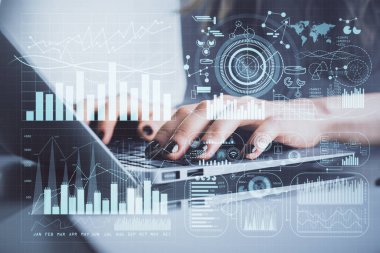 Bilgisayarda ve ön x grafik hologram çiziminde kadın eli yazarken çift pozlama. Borsa yatırım kavramı.
