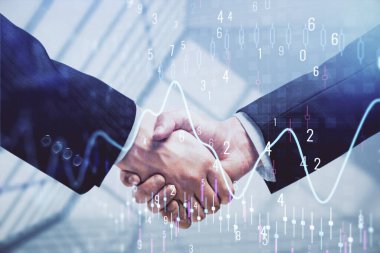Forx grafik hologramı ve iki adamın el sıkışması. Borsa konsepti.