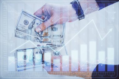 Finansal grafiğe çoklu pozlama hologram, Amerikan dolarları ve insan eli. Analiz kavramı.