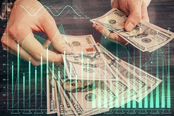 Multi Exposición Gráfico Financiero Dibujo Holograma Billetes Dólares Las Manos — Foto de Stock