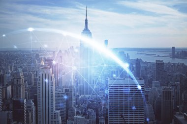 Sosyal ağ tema çizimi ve şehir manzarası arka planına çift pozlama. Bağlantı insanları kavramı.